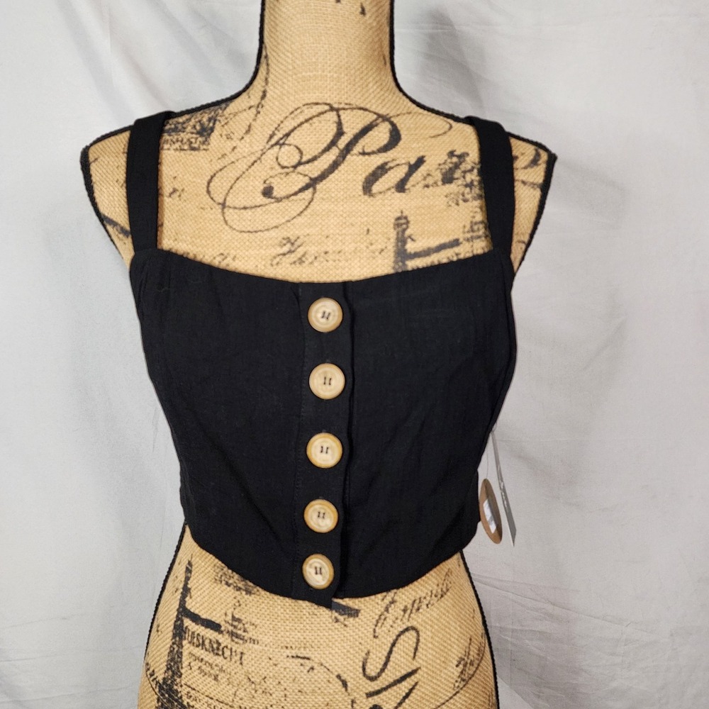 LULUS Size Large Sweet As Ever Black Button Front Sleeveless Festival Crop Top - Picture 2 of 8